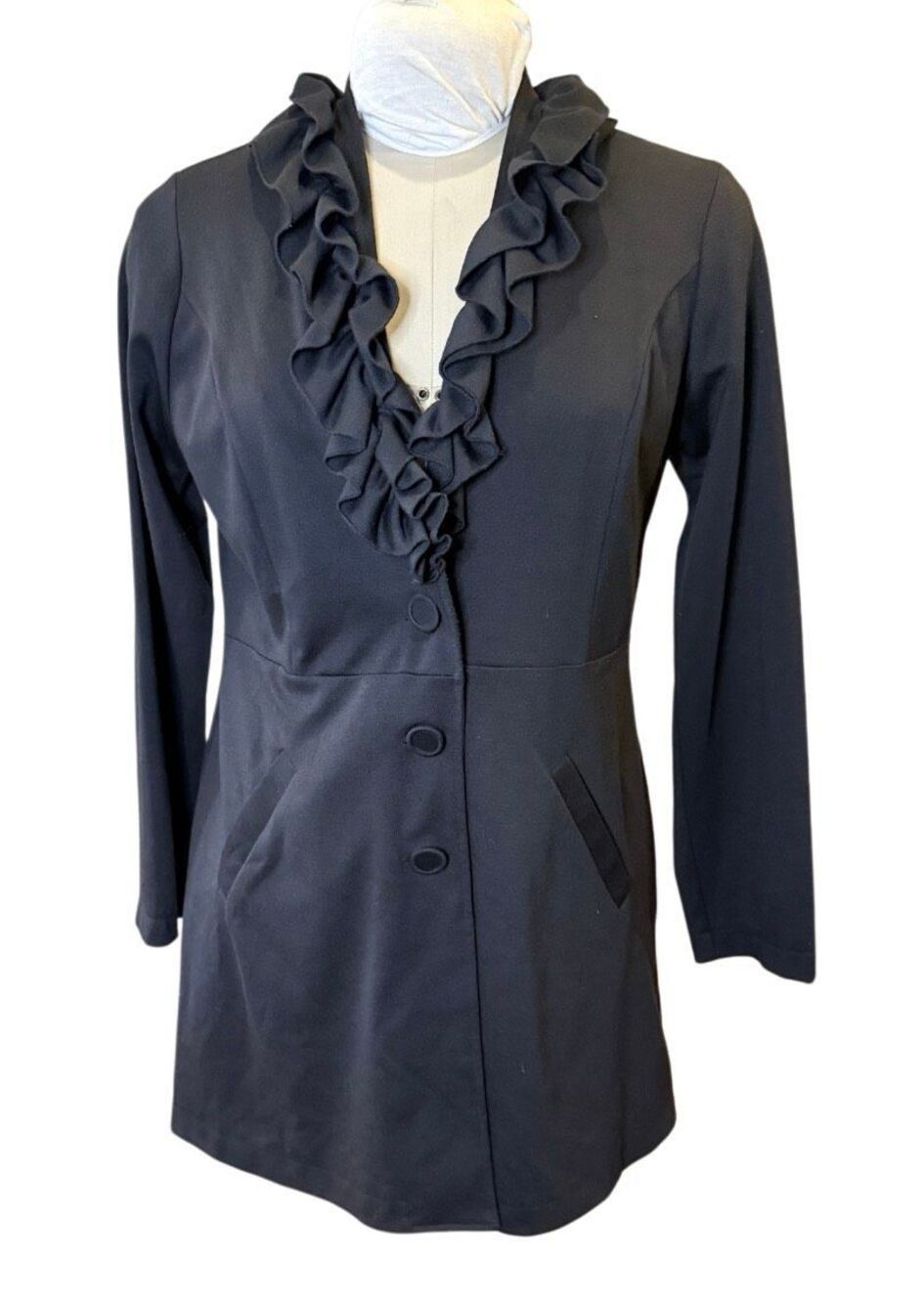 Fever Ruffle Neck Longline Blazer Jacket Button Front Pockets Office Elevated We